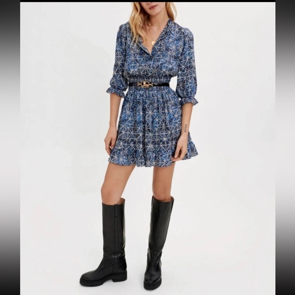 Maje Printed 100% Viscose in Smocking Indigo Patterned With Long Sleeve Dress - Picture 13 of 16